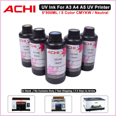 ACHI 5 X 500ML UV INK For A3 A4 A5 UV Printer 5 Colors CMYKW Hard / Soft UV Ink