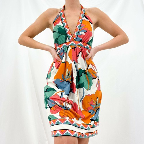 Green Floral Print Halter Dress [M 