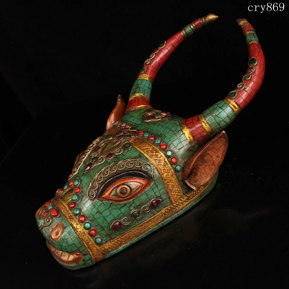 Templo do Tibete Jokhang antigo cobre puro incrustado com pedras preciosas estátua de cabeça de boi - Imagem 3 de 4