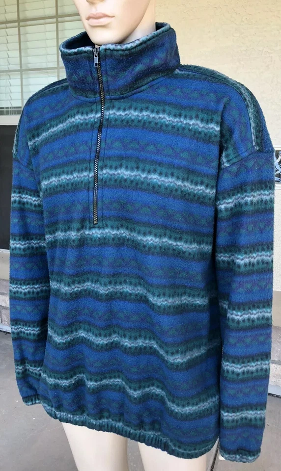 Chaqueta Retro de Vellón a Rayas Años 90 de Colección Completa 1/4 Cremallera Talla XL Azul Verde Foto 2 de 4