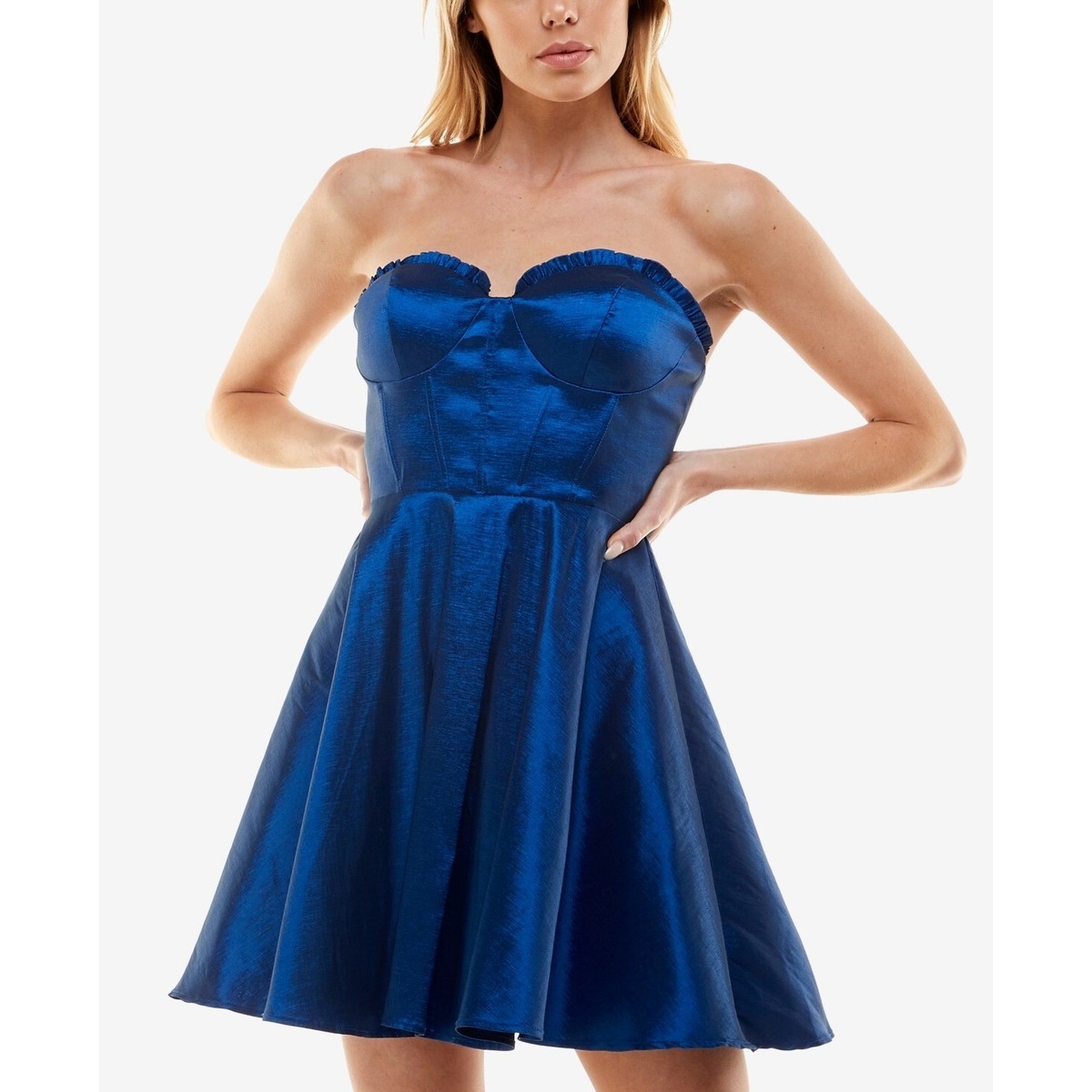 b darlin navy blue dress Women’s Juniors' Bustier Ruffle Party Size 1/2 NWT featuring a front drape