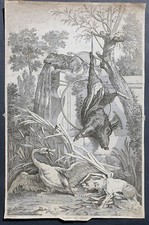 stampa antica acquaforte Oudry selvaggina cigno caccia cinghiale cane 1760