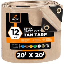 Heavy Duty Tan Poly Tarp 20' X 20' Extra Thick 12 Mil Polyethylene