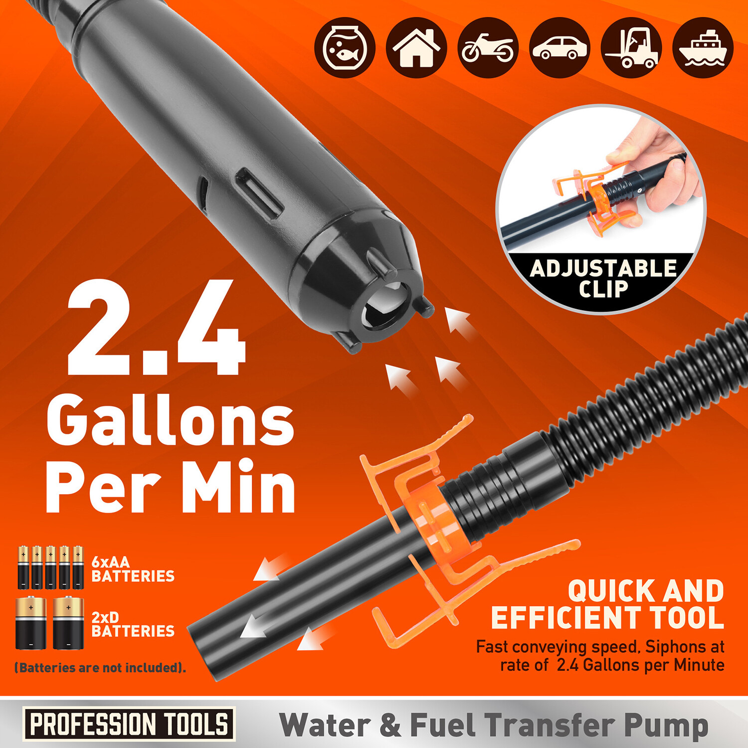 Battery Powered Electric Fuel Transfer Siphon Pump Gas Oil Water Liquid 2.4 GPM