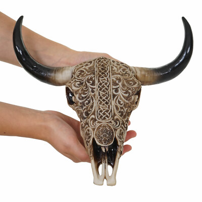 Deko Schädel 31cm HWC-C15, Polyresin Stier Kopf Trophäe mit Tribal, In-/Outdoor