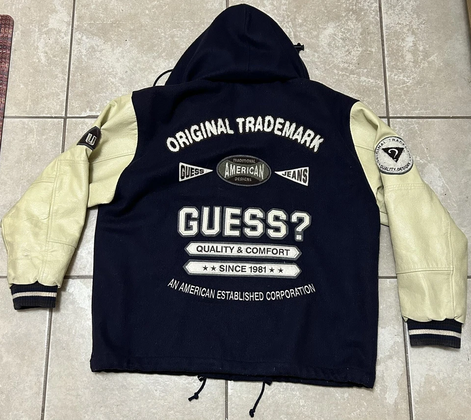 Chaqueta de bombardero de cuero Guess vintage talla L años 90 lana leyendas universitarias Letterman Foto 2 de 4