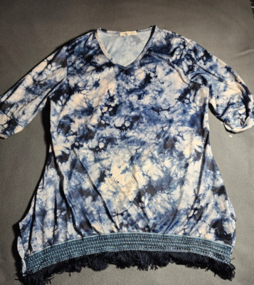 Indigo Soul Top Women  XL Blue Short Sleeve Tunic Fringe Tie Dye