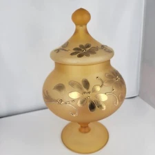 Vtg Amber Satin Glass Footed Compote Jar With Lid 9.5" Hand Painted Gold Flowers