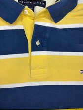 Vintage Tommy Hilfiger Striped Polo Shirt Mens XL Yellow Navy Blue Pique 2005