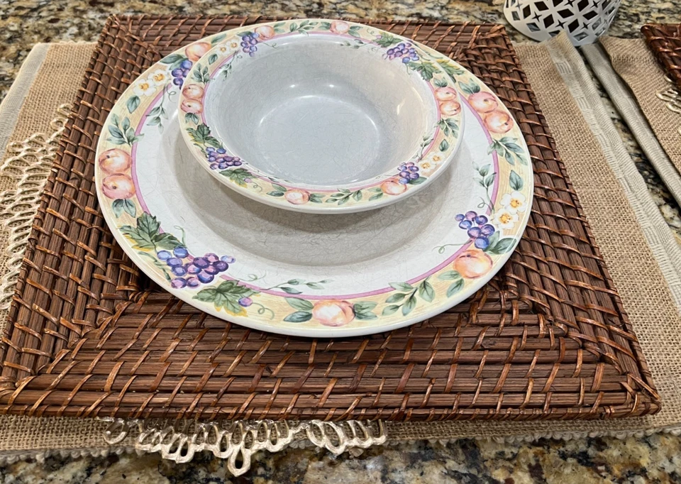 Зарядные устройства из ротанга тканые тарелки квадратные 14 дюймов набор из 2 богемных французских деревенских - Изображение 2 из 4