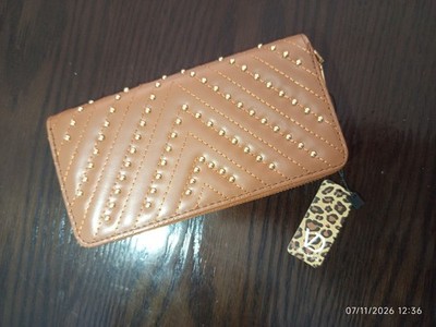 Women's brown Quilted Faux Leather Zip Wallet clutch , gold Studded Card Holder