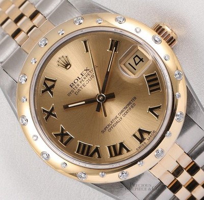 Rolex. Datejust 31mm Factory 18K Yellow Gold Scatter Diamond Bezel Roman Dial