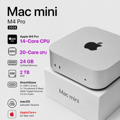 Apple Mac mini M4 Pro, 14 Core CPU 20 Core GPU, 24GB RAM, 2TB SSD, Apple Care+
