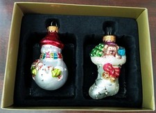 Handcrafted Glass Snowman and Christmas Stocking Ornament Set Of 2 w/ Box