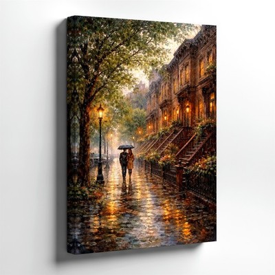Wall Art Rainy City Street Canvas Print Romantic Couple Brownstone Evening Home
