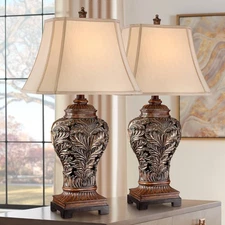 Traditional Table Lamps Set of 2 Bronze Curling Leaves for Living Room Bedroom