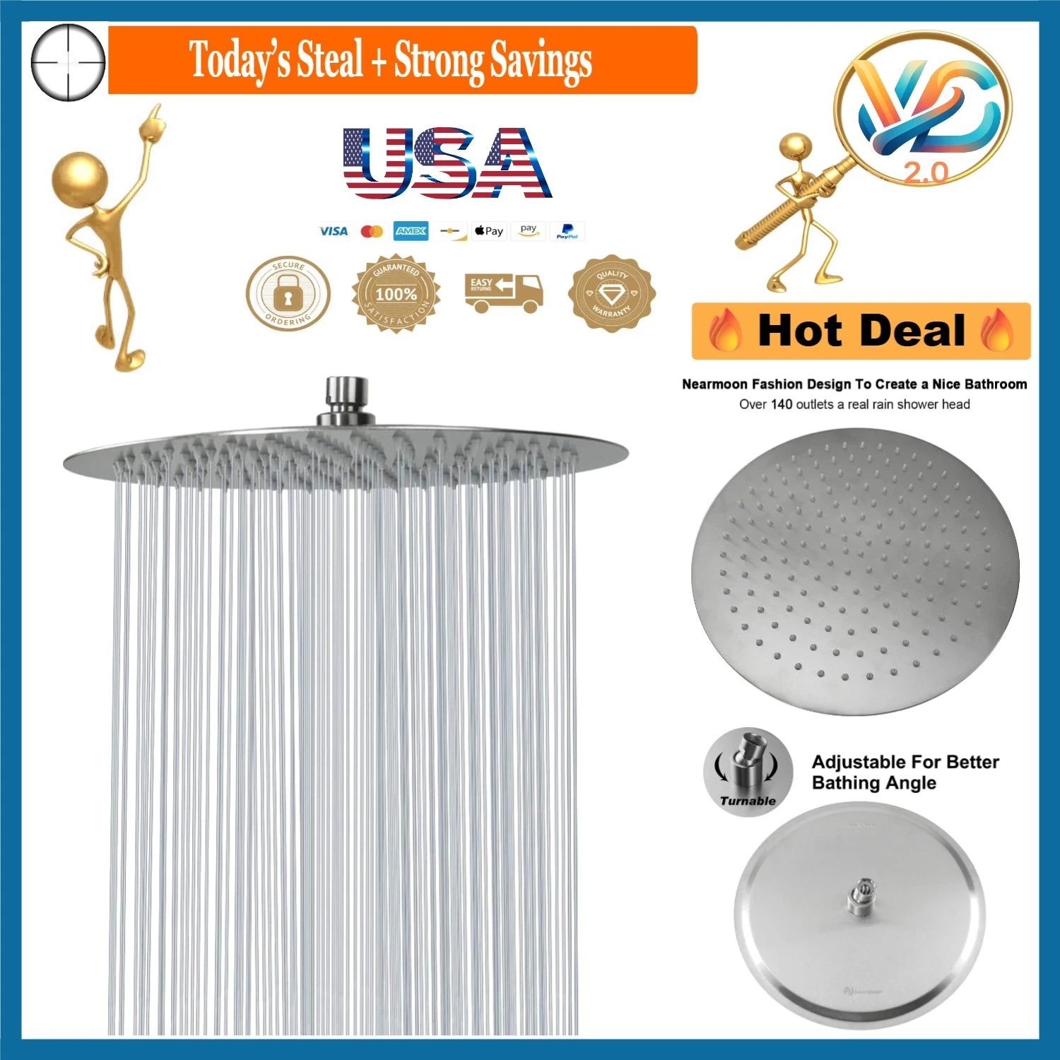 12 Inch Brushed Nickel Rain Shower Head - Ultra-Thin High Flow Stainless Steel