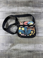 Le SportSac Crossbody Bag Womens Small Black Floral Nylon Hawaiian Hula Print