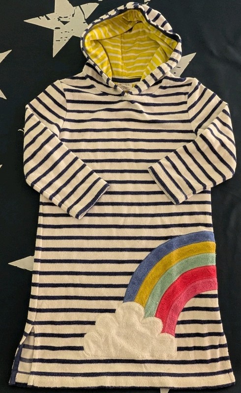 Mini Boden Girls 6-7Y Striped Hoodie Beach Cover Up Dress Rainbow Appliqué - EUC