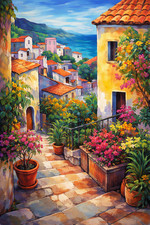Mediterranean Village Italian Coastal Poster Print Framed Canvas Wall Art