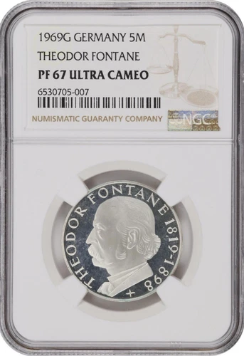 Germany 1969-G Theodore Fontane 150th B-day Silver 5 Mark NGC PR-67 Ultra Cameo