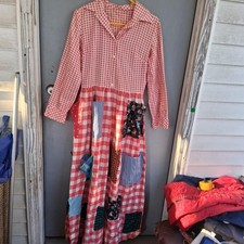 Vintage 70s Handmade Gingham Patchwork Pocket Maxi Dress Hippie Boho Prairie M