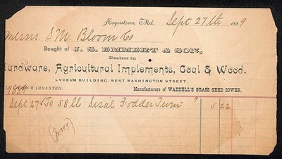 J.S. Emmert & Son Implements 1889 Billhead to S.M. Bloom & Co. Hagerstown, MD