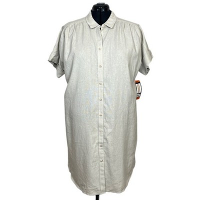 WELL WORN Women's Size XXL Tan Linen-Blend Short Sleeve Button Down Shirt Dress