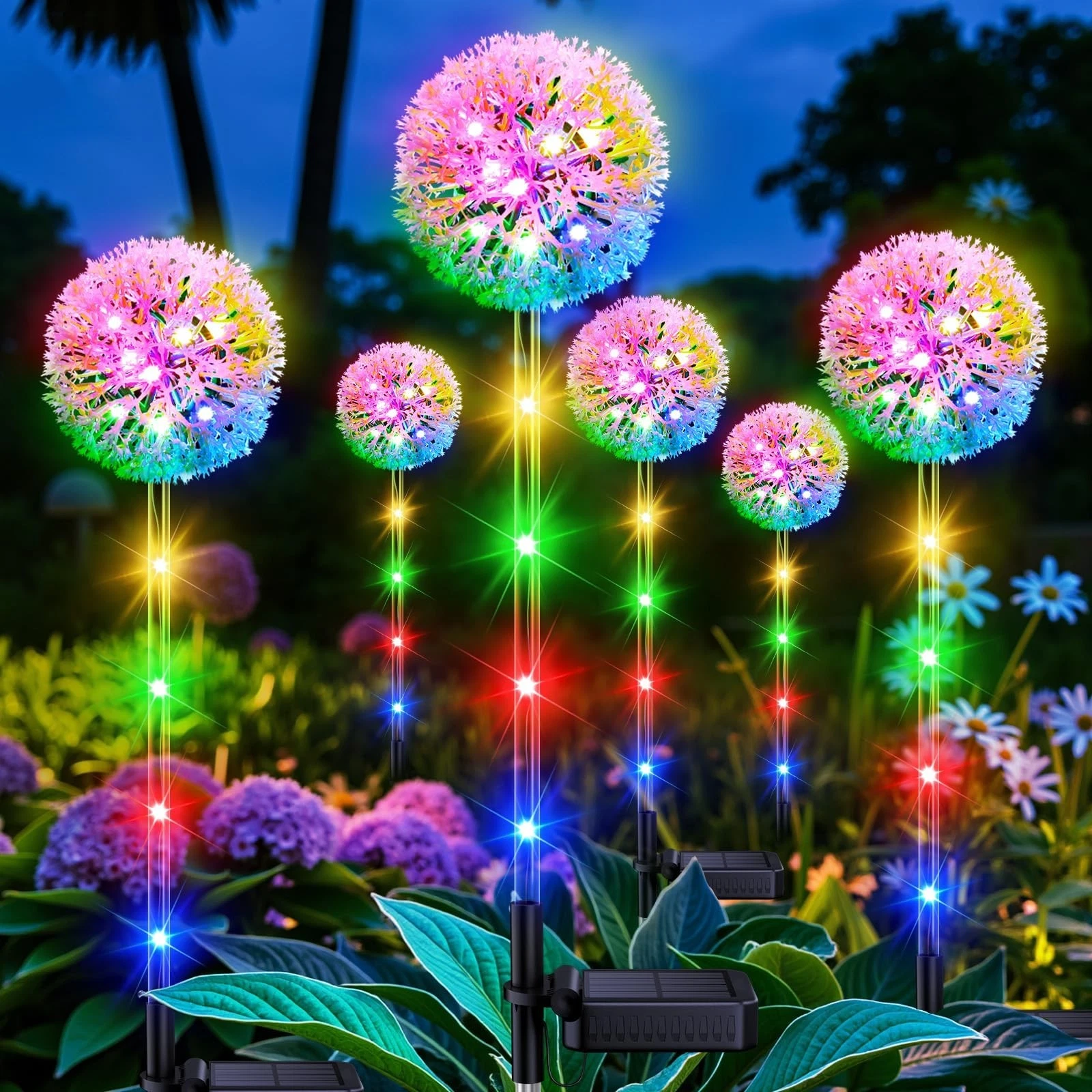 6 Pack Solar Flower Lights - Colorful Dandelion Garden Decor, Waterproof Outdoor
