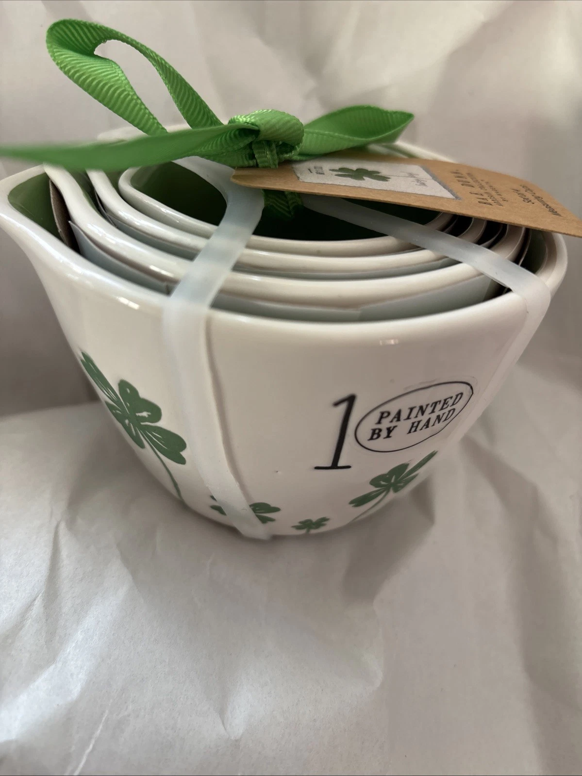 Rae Dunn St Patrick’s Day Measuring Cup Set Shamrock 4 Leaf Clover Hand Painted