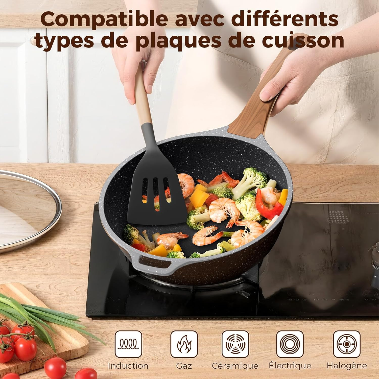 Poêle haute 30cm en granit avec couvercle pour induction