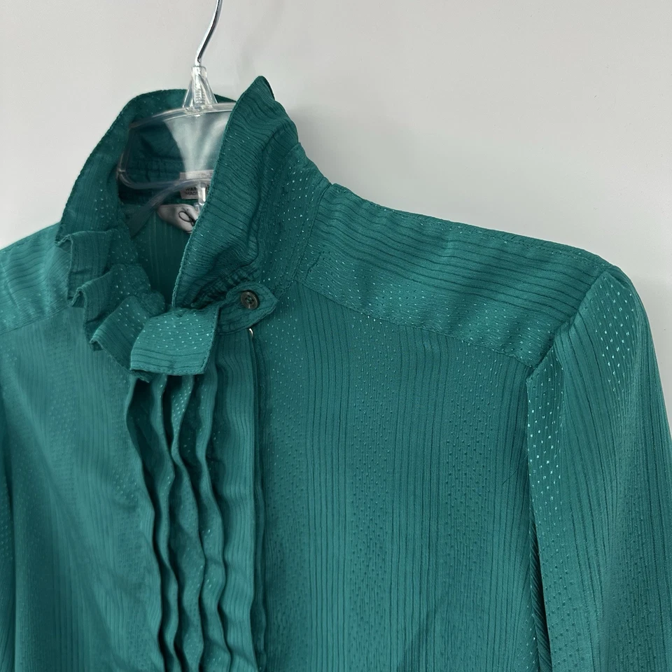 Camisa top blusa vintage años 80 DIANE VON FURSTENBERG VOLANTES PLISADA SATINADO VERDE S Foto 4 de 4