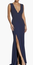 NWT Dress the Population Sandra Crepe Sleeveless Side Slit Gown Midnight Blue S