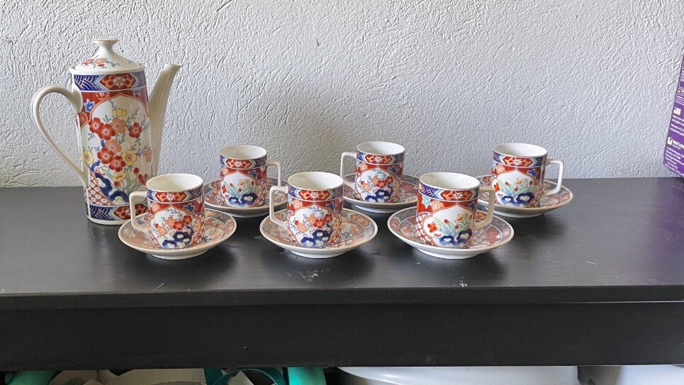 Vintage Imari Porcelain Tea Set 15 pc Demitasse Peacock Design Gold