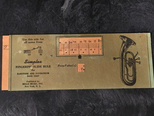 Vintage Simplex Baritone Fingering Slide Rule 1947 Mills Music NY Instrument Too