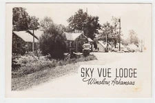 Sky Vue Lodge Winslow Arkansas RPPC Real Photo Postcard Cabins Cafe Hwy 71 1050s