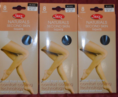 3 Pair Silky Naturals Second Skin Tights Black Medium 8 DEN Sheer Finish (G3)