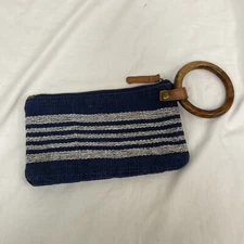 MUD PIE Blue White Striped Cotton Jute Wooden Wristlet Clutch Purse Bag Handbag
