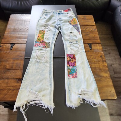 Rue 21 Women's Jeans Light Blue Distressed Floral Patch Slim Bootcut Frayed