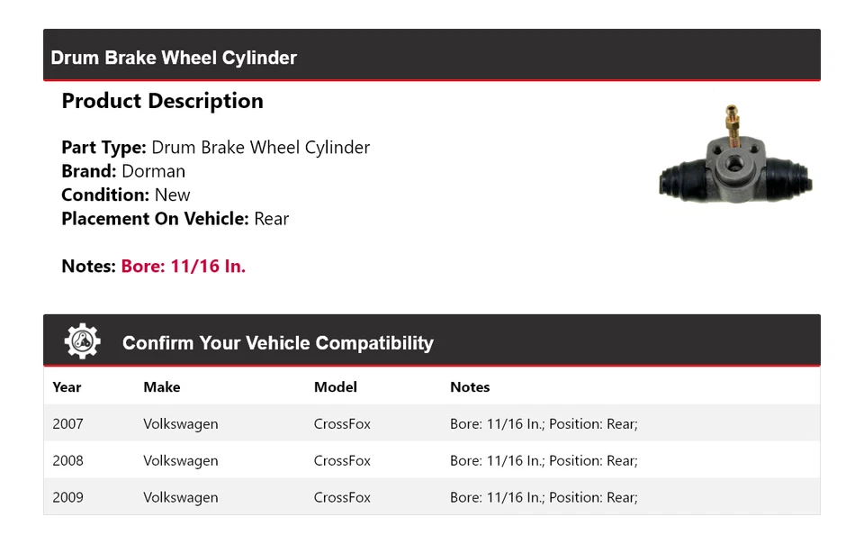Cilindro de rueda de freno de tambor trasero 2008 para Volkswagen CrossFox Dorman 2007-2009 Foto 2 de 3