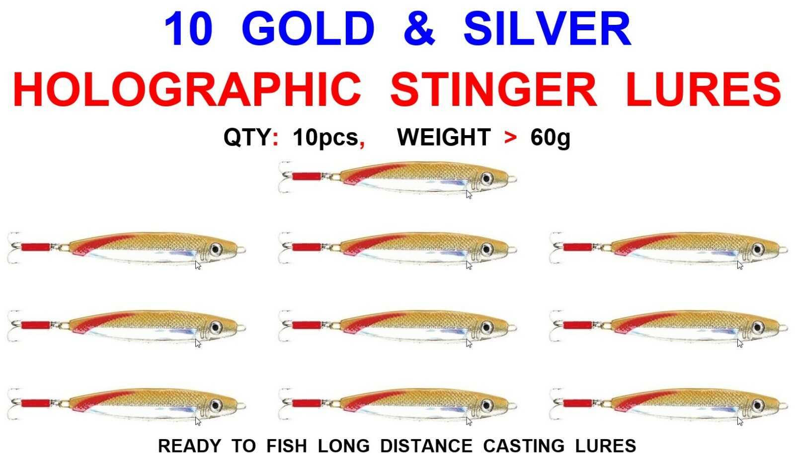 10 GOLD STINGER LURES 60g GAME COARSE SEA FISHING SPINNERS PIKE BASS MACKEREL
