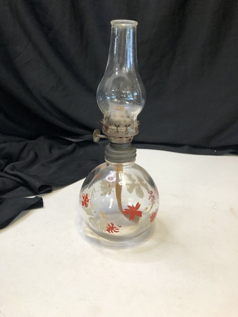 Vintage miniature Oil Lamp Glass Hand Painted with red and white flowers. Vintage miniature Oil Lamp Glass Hand Painted with red and white flowers.