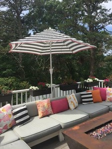 Hampton Bay 9 Ft Market Tilt Patio Umbrella In Black Stripe W Pom Trim Ebay