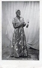 PRETTY BLACK WOMAN: JOYFUL PERFORMER:HOLDING A TAMBOURINE : VIRE, FRANCE :  RPPC