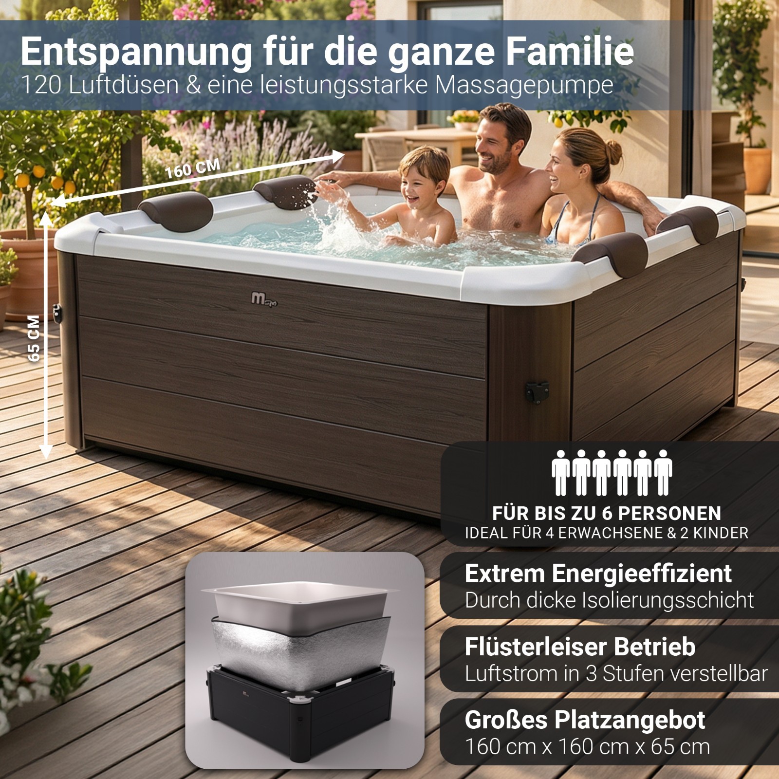 MSpa Outdoor Whirlpool Frame Tribeca mit App Steuerung Pool 6 Personen 160x65 cm