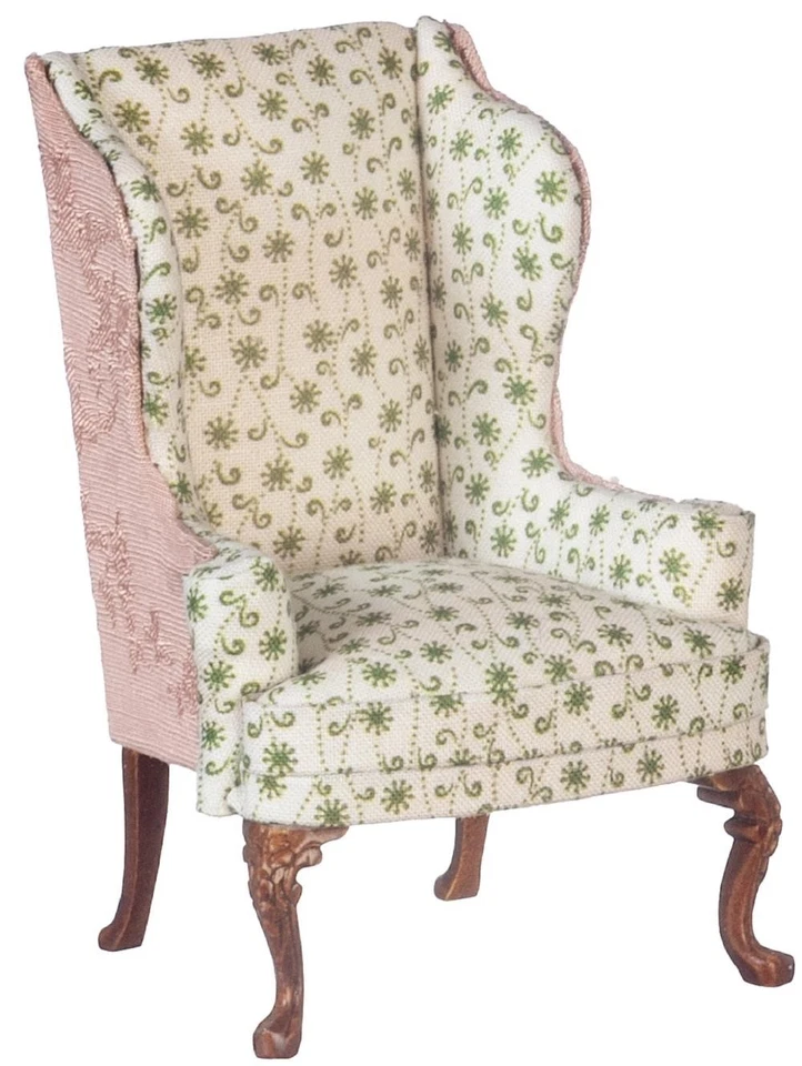 Dolls House Wing Back Armchair Green Floral JBM Walnut Living Room Furniture - Image 1 of 1