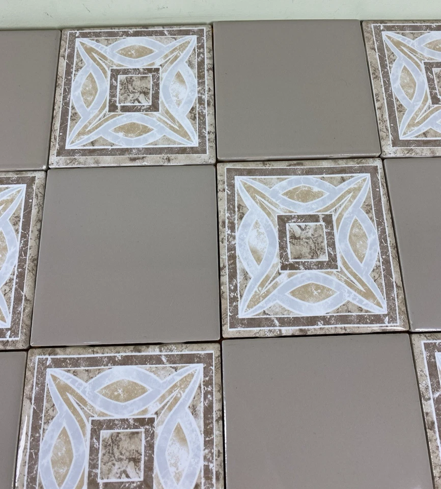 Lot Of 20 Brown Taupe White Solid & Geometric Ceramic Tiles 4"x4" - Image 3 of 4