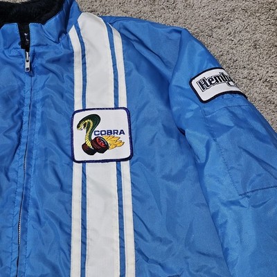 Vintage 70s Ford Shelby Cobra Racing Jacket Blue White Faux Fur