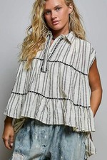 POL Striped Ruffle Collared Sleeveless Cotton Top