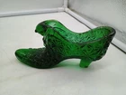 Vintage Fenton Emerald Green Glass Daisy & Button Cat Head Slipper Shoe